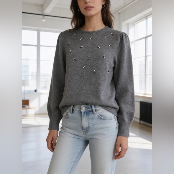 Ann Taylor Sweaters - Ann Taylor Factory Pearl Rhinestone Embellished Gray Sweater Petite LP Soft Knit
